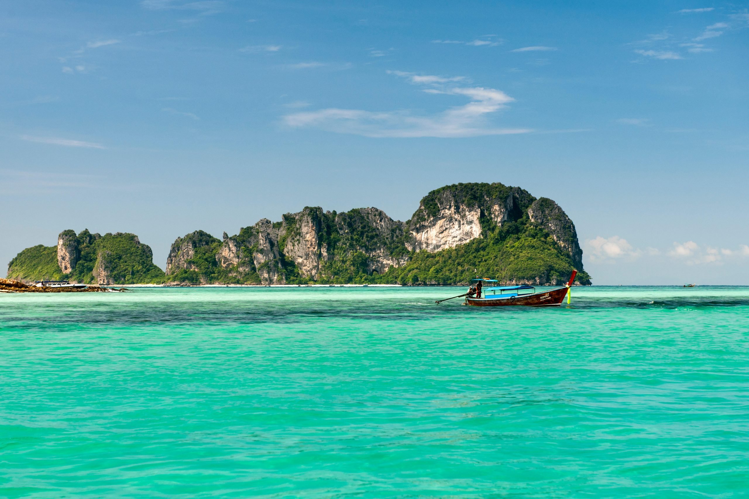 View of Mosquito island from Bamboo island (Ko Mai Phai) near Koh Phi Phi in the Andaman Sea on Thailand's west coast.