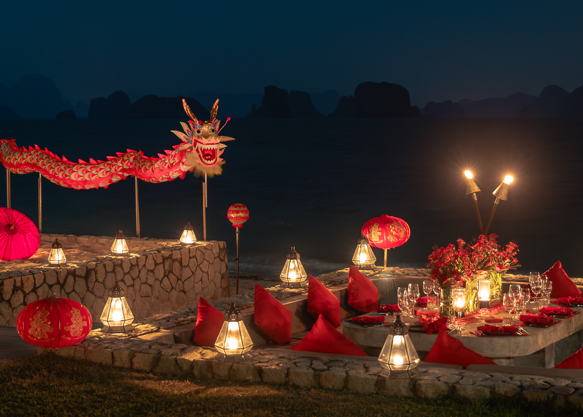 Luxury Chinese New Year celebrations with dragon and lantern decor at a private resort in Thailand for Lunar New