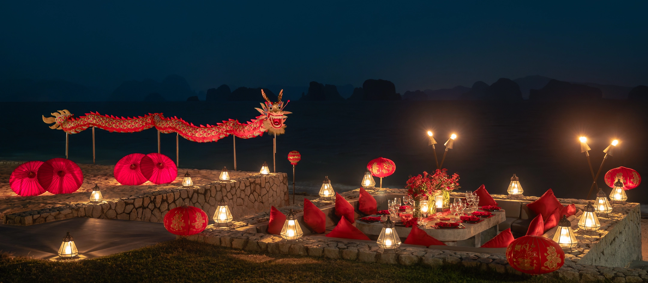 Luxury Chinese New Year celebrations with dragon and lantern decor at a private resort in Thailand for Lunar New