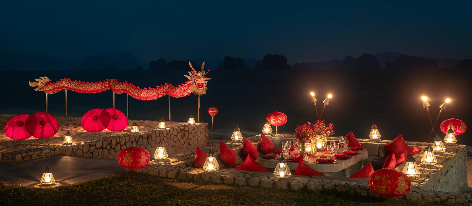 Luxury Chinese New Year celebrations with dragon and lantern decor at a private resort in Thailand for Lunar New
